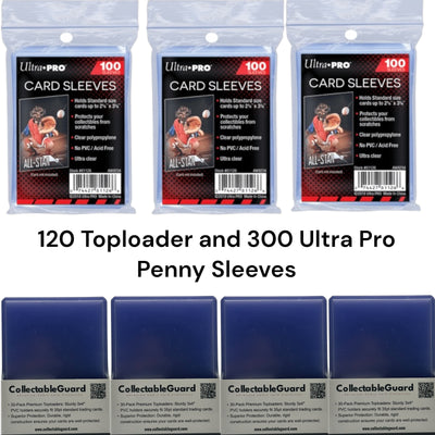 300 Ultra Pro Standard Soft Penny Sleeves and 120 Regular 35pt 3"x4" Card Toploaders.