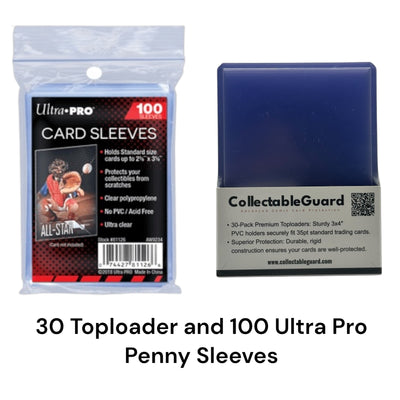 Get the Bundle : 100 Ultra Pro Standard Soft Penny Sleeves and 30 Regular 35pt 3"x4" Card Toploaders.